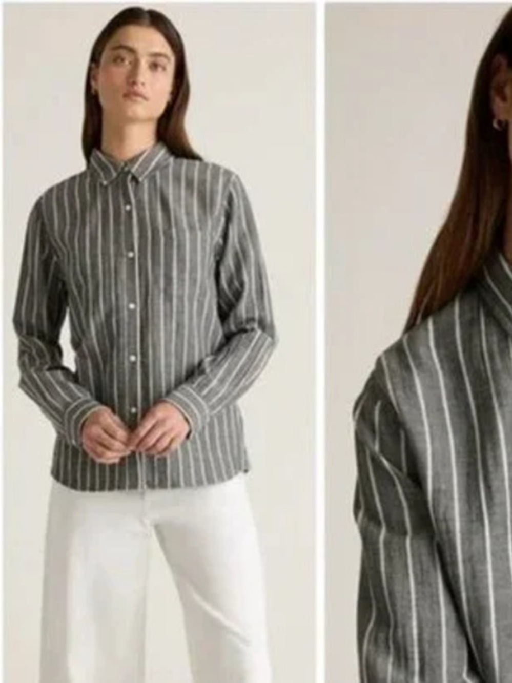 Quince 100% Organic Cotton Gauze Striped Shirt Long Sleeve Gray White Sz S EUC